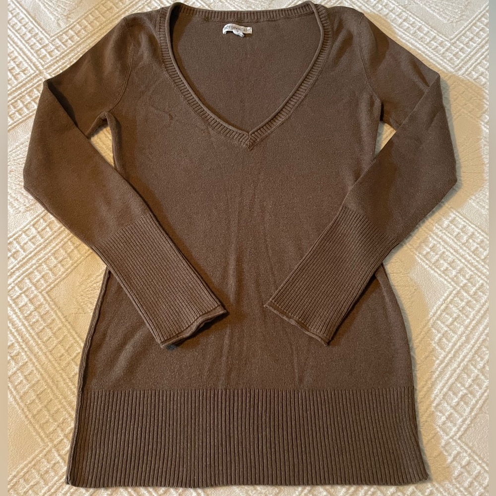 Aeropostale Brown Knitted V-Neck Long Sleeve Pullover Sweater Women's Sz Large